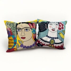 Set of 2 Frida Kahlo Embroidered Throw Pillow Down Feather 18 By 18 Pillows